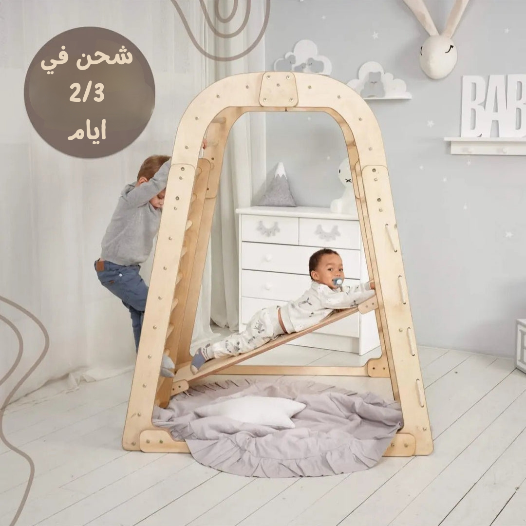 ملعب خشبي داخلي للأطفال – 6 في 1 (ملعب + أرجوحات + لوح منزلق)(خشب طبيعي 100%)