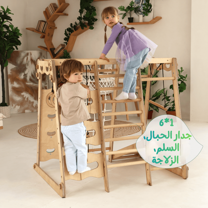 ملعب داخلي 6 في 1 للأطفال الصغار:
ملعب + مجموعة أرجوحات + لوح منزلق + حبل + درج (خشب طبيعي 100%)