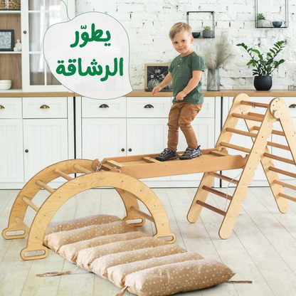 مجموعة تسلّق مونتيسوري 3 في 1: سلم مثلث + قوس للتسلق + لوح منزلق(خشب طبيعي 100%)