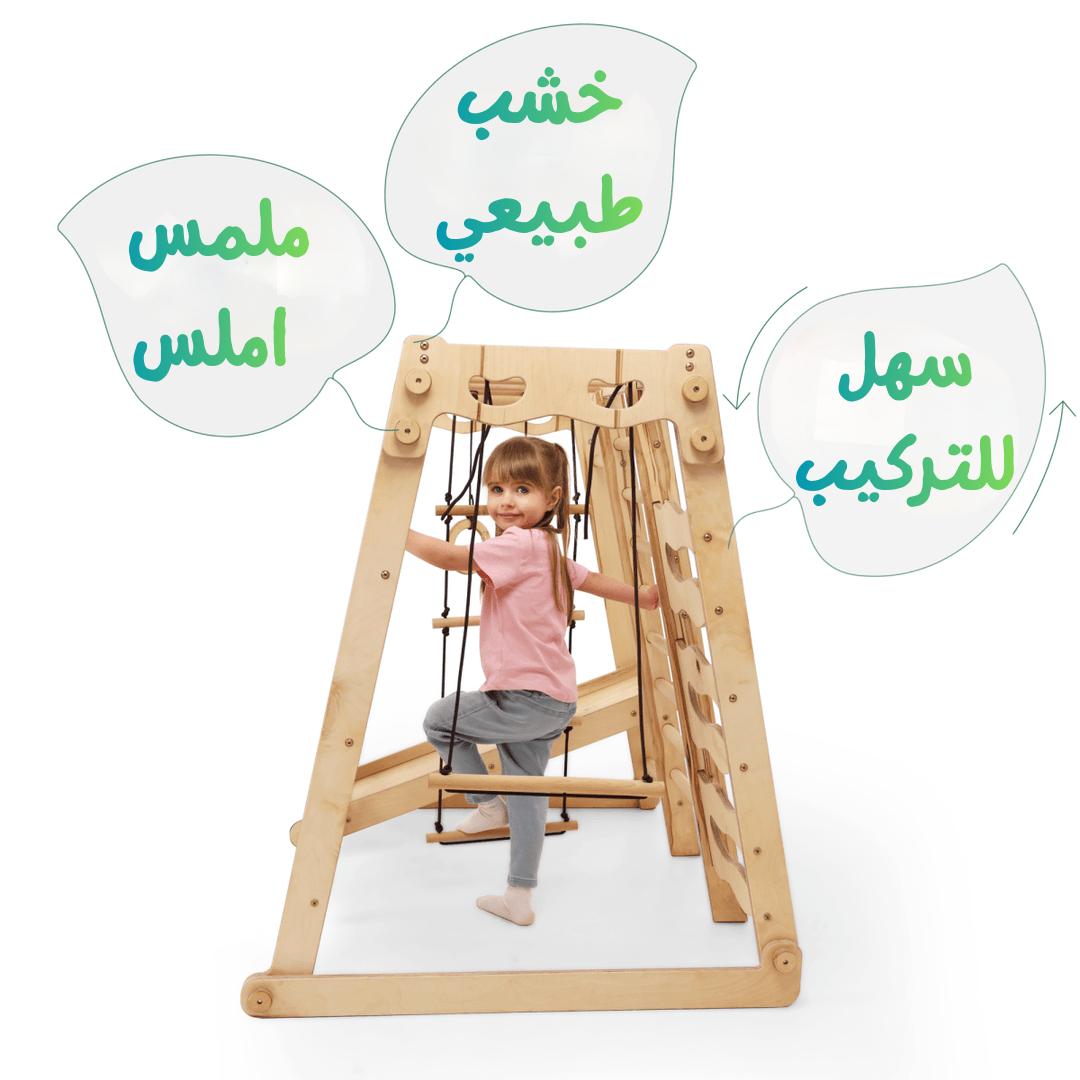 ملعب داخلي 6 في 1 للأطفال الصغار:
ملعب + مجموعة أرجوحات + لوح منزلق + حبل + درج (خشب طبيعي 100%)